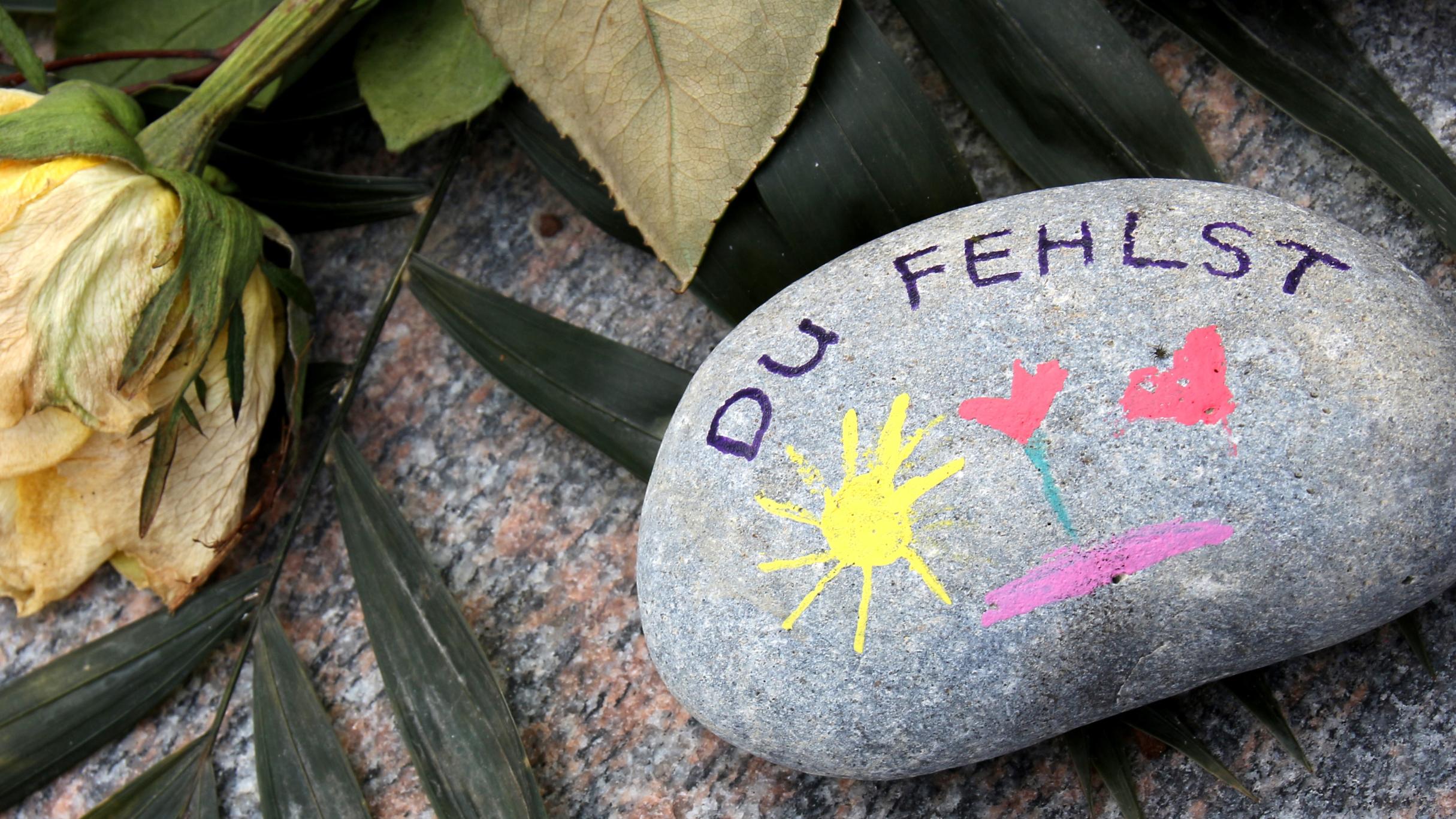 ein mit einer Sonne, Herz und Blume bemalter Stein auf dem Du fehlst geschrieben steht